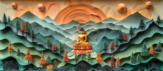 Wall Mural - Meticulously detailed paper craft artwork of Thimphu's Buddha Dordenma, highlighting the massive statue and surrounding scenic landscape in a vibrant and intricate design. Illustration, Minimalism,