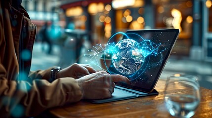 Wall Mural - close-up view of a person working on a laptop displaying a 3d digital earth hologram. vibrant city b