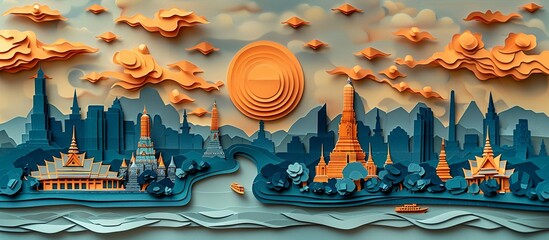 A detailed paper craft illustration of Bangkok, capturing the city's dynamic energy with its historic temples, lively street markets, and modern architecture. Illustration, Minimalism,