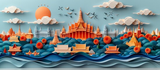 Wall Mural - A detailed paper craft illustration of Bangkok cityscape, featuring the city's renowned landmarks like the Grand Palace and the lively street markets. Illustration, Minimalism,