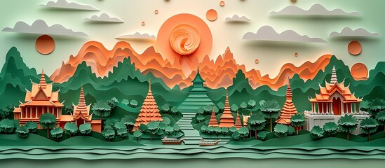 Wall Mural - A detailed paper craft illustration of Bangkok, showcasing the city's famous landmarks, bustling street markets, and serene temples in stunning designs. Illustration, Minimalism,