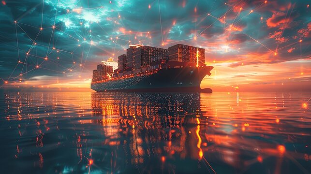 A gigantic cargo ship at sunset, portrayed with a futuristic network overlay, emphasizing the immense scale of global trade and the critical role of maritime logistics and technological foresight.