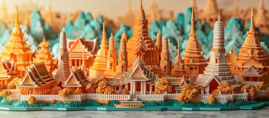 Sticker - Discover the beauty of Bangkok with this detailed paper craft, highlighting the city's blend of historic temples, lively markets, and modern buildings. Illustration, Minimalism,