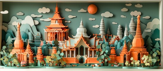 Sticker - Discover the beauty of Bangkok with this detailed paper craft, highlighting the city's blend of historic temples, lively markets, and modern buildings. Illustration, Minimalism,