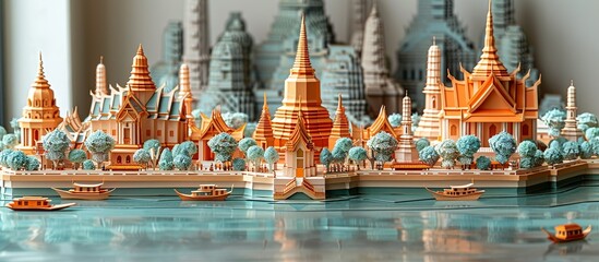 Sticker - Discover the beauty of Bangkok with this detailed paper craft, highlighting the city's blend of historic temples, lively markets, and modern buildings. Illustration, Minimalism,