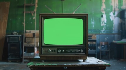 Front view Retro old television with chroma key green screen standing in a dark room