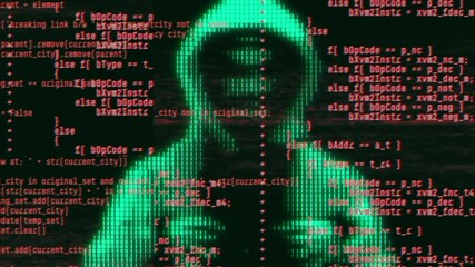Wall Mural - computer hacker with hoodie and glitch face. computer abstract digital code at the background. darkn