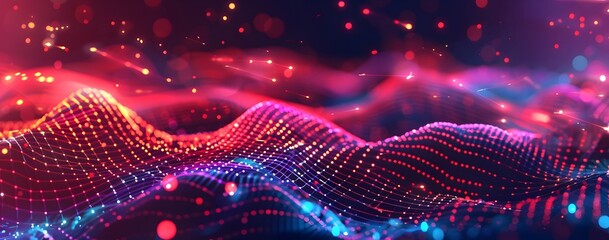 Sticker - Abstract background with futuristic elements, digital waves and connections in red, pink, and blue colors on a dark purple backdrop