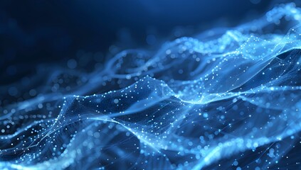 Abstract blue digital background with glowing dots and network lines, technology concept for web design or data science. Low poly wireframe