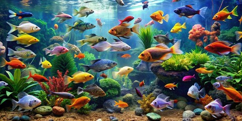 Wall Mural - Colorful Tropical Fish Swimming in a Vibrant Aquarium. Generative AI