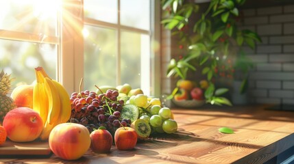 Wall Mural - Fresh fruit in the kitchen on a wooden table by the sunny window