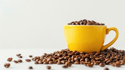 Wall Mural - Yellow cup with coffee beans on white background side view text space focused
