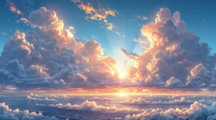 Sunset over ocean with dramatic clouds and sun rays, serene seascape. Nature and tranquility concept