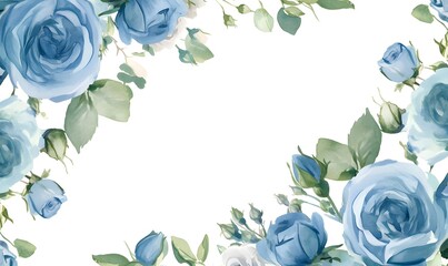 Poster - watercolor frame blue roses and green leaves on white background, Generative AI