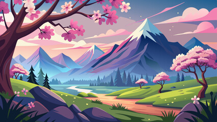 Wall Mural - Beautiful landscape of mountains and autumn forest at dawn. The concept of travel, hiking, outdoor activities, and adventure vector illustration 