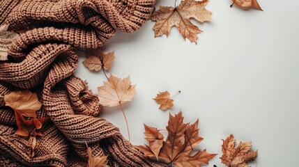 Poster - Autumn themed creative design with dry leaves and brown knit blanket on white backdrop Signifying fall season with flat lay layout and space for text