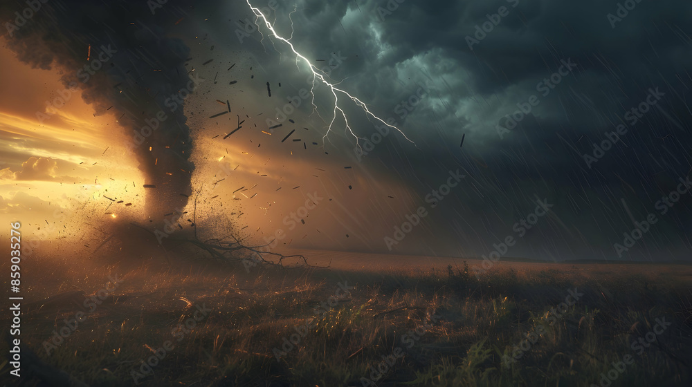 Tornado funnel cloud touching down in an open field with dark stormy ...