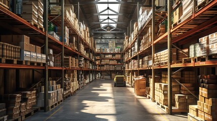 Poster - A yellow forklift drives down the aisle of a warehouse filled with boxes.
