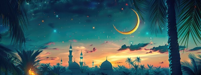 Wall Mural - Eid Mubarak  crescent moon and palm tree 