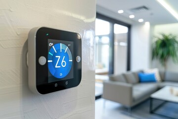 Wall Mural - A stylish smart home thermostat mounted on a clean, white wall in a modern living room