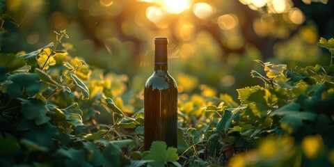 Wall Mural - Wine Bottle in a Vineyard at Sunset