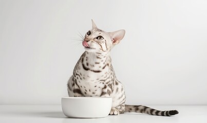 Sticker - White background, white floor, side view of an Ocicat cat sitting at the edge of the photo on the ground, licking his lips and looking up, minimalist style in front of him there is a cat bowl