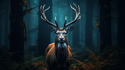 Poster - A dark deer with antlers in the woods against a dark background