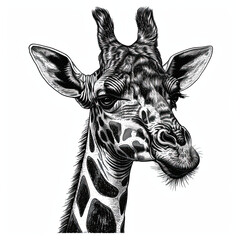 A black and white drawing of a giraffe 's head