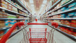 © VK Studio - An empty red shopping cart is in motion down a supermarket aisle, with the shelves stretching in a blur, creating a sensation of speed and urgency.