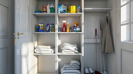 A well-organized closet with cleaning supplies and neatly folded towels, capturing a clean, functional space ideal for home maintenance.