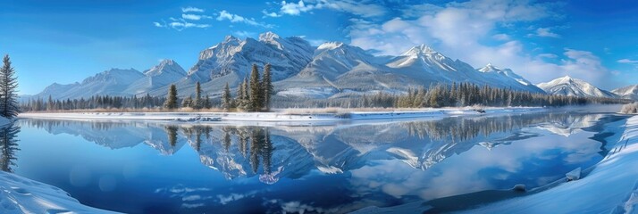 Colorado Landscape. Stunning Reflection of Rocky Mountains in Bow River with Snow-Covered Trees and Blue Sky