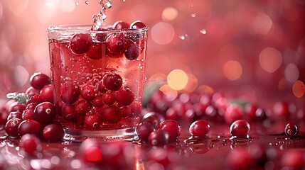 Wall Mural - **Exquisite cranberry juice poured into a glass, its deep red color striking against a smooth, solid-colored surface.
