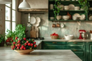 Wall Mural - Flowers Kitchen. Green Vintage Interior with Marble Countertop and Blurred Background