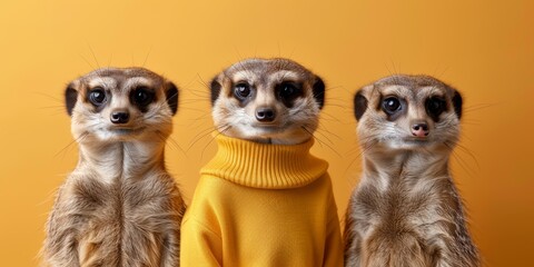 Creative meerkat group in trendy clothes isolated on solid background fashionable advertisement copy text space