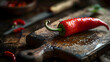 © Komkrit - A close-up shot of a vibrant red chili pepper resting on a rustic wooden cutting board, the pepper glistening with moisture from being freshly washed, with a sharp knife in the background