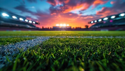 Wall Mural - Glowing Floodlights and Empty Green Grass Field with sunset - Professional Sports Background for Spectacular Sports Stadium Advertisement