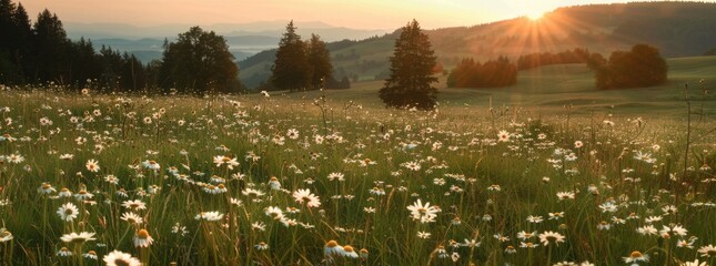 Wall Mural - A beautiful meadow with white daisies and green grass in the foreground