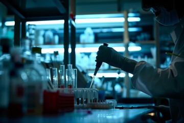 A scientist wearing gloves holds a test tube with DNA samples in a laboratory, with DNA sequences displayed in the background, emphasizing genetic research.