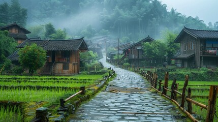 Canvas Print - misty and rainy a beautiful stone paved path