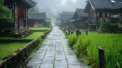 Wall Mural - misty and rainy a beautiful stone paved path