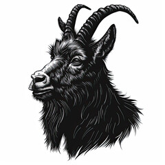 A black and white drawing of a goat 's head