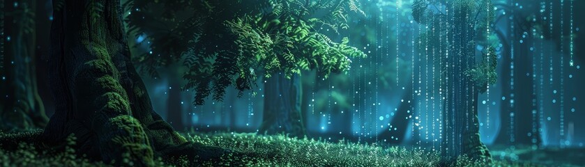 Wall Mural - Digital Rain in a Mystical Forest - A magical forest with glowing, blue, digital rain falling between the trees.