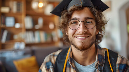 Young man wearing graduation cap and gown smiling in a cozy room with bookshelves. Proud moment. Copy space.