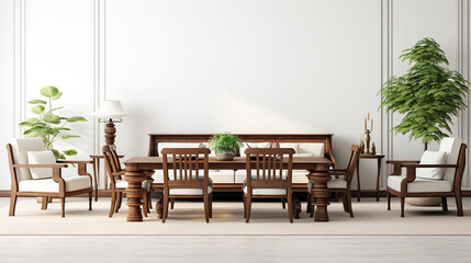 Wall Mural - Classic wood living and dining rooms separated against a stark white background