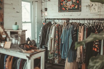 Wall Mural - Bohemian Clothing Boutique Interior with Clothes on Rack