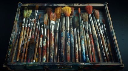 Wall Mural - A box filled with a variety of paintbrushes, their handles polished and bristles pristine, ready to transform imagination into art.