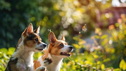 Canvas Print - Two Dogs Watching a Butterfly in a Garden