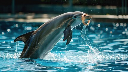 Canvas Print - Dolphin Leaping for a Ring in Blue Water