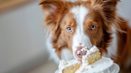 Sticker - Red and White Dog with Blue Eyes Eating Birthday Cake