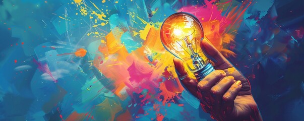 Wall Mural - Hand holding a light bulb against a colorful background symbolizing creativity, innovation and inspiration